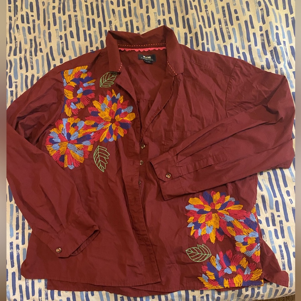 Anthropologie Maeve Embroidered Buttondown Shirt